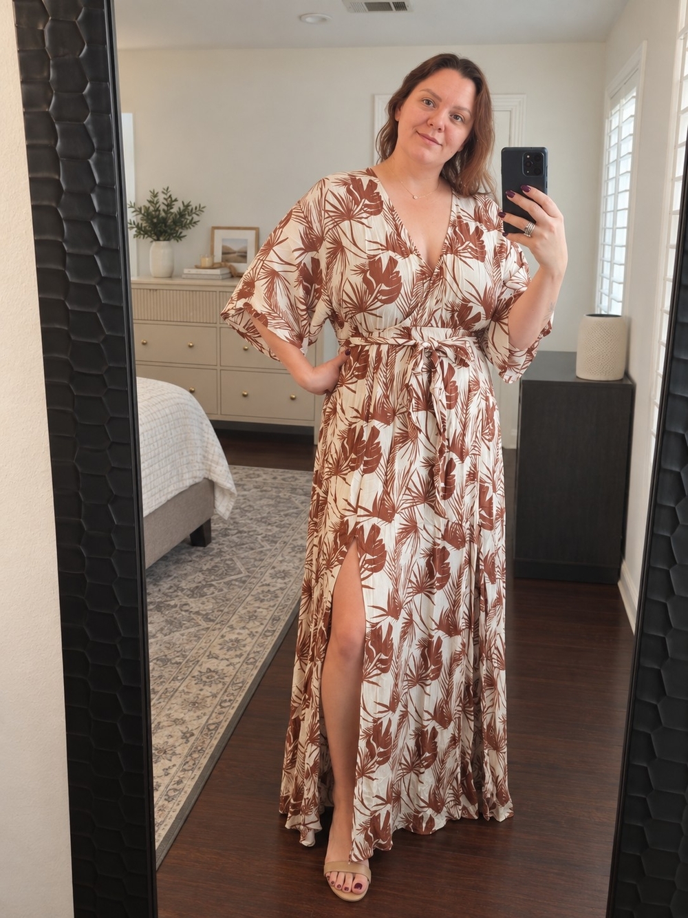 Baltic Born Cream and Brown Palm Leaf-Print Maxi Dress XXL